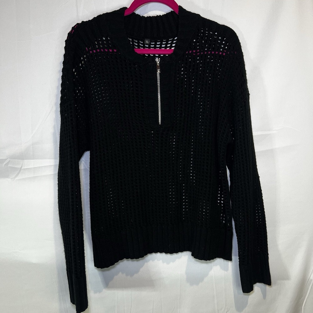 Anrabess Women's Size X-Large Black‎ Ribbed Quarter Zip Sweater Crochet Knit Top